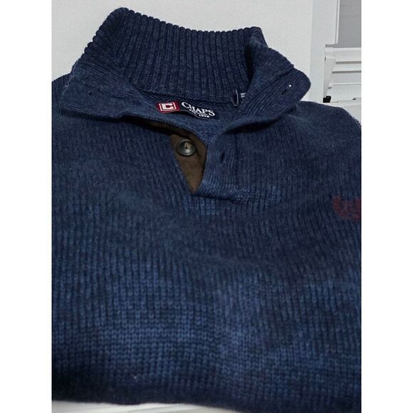 Chaps Navy Blue Mens Pullover Sweater W/ Brown Suede Elbow Patches Button Collar - Picture 6 of 8